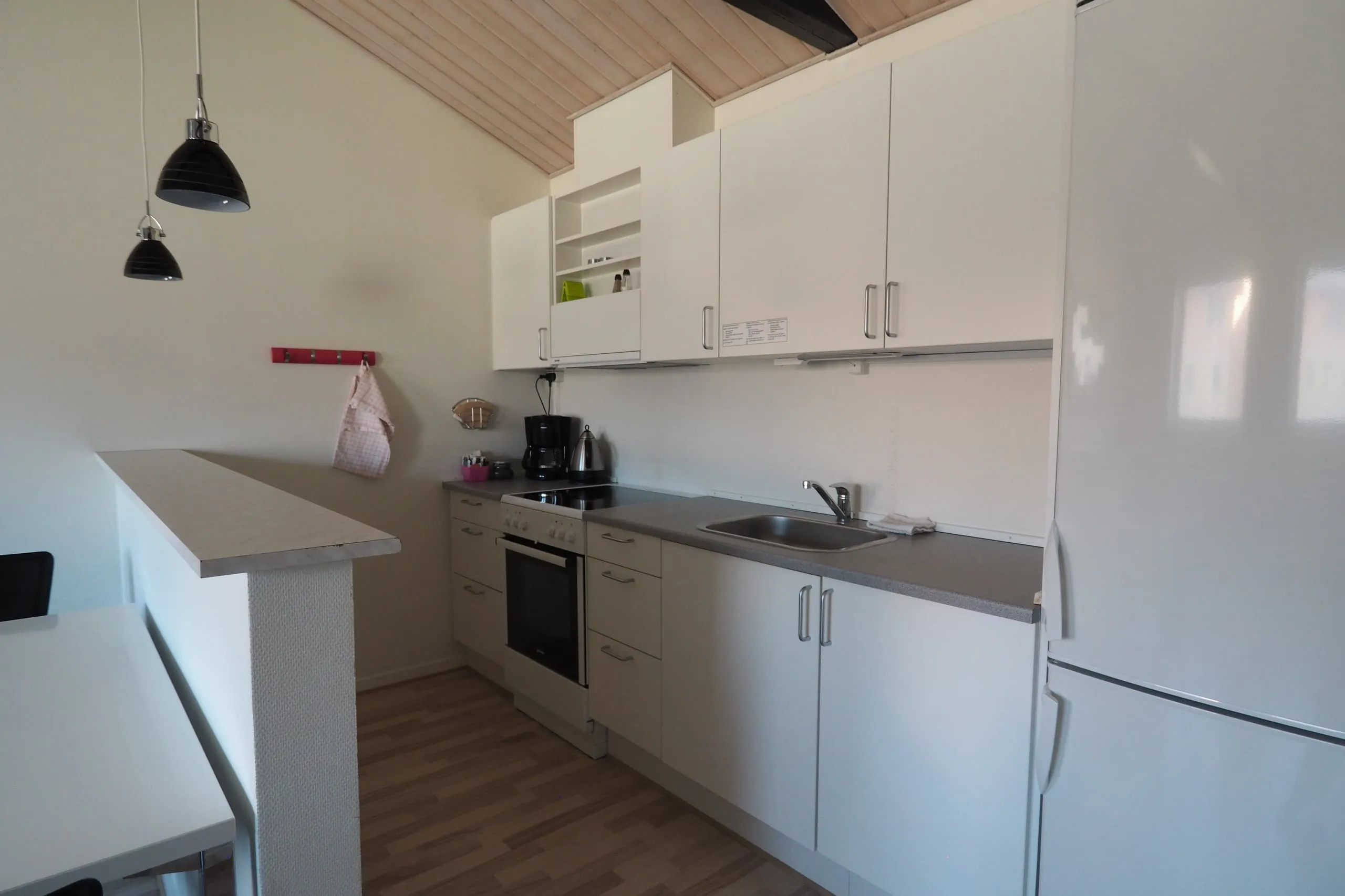 The kitchen in an apartment, with an oven, a hob, a sink and a tall fridge freezer.