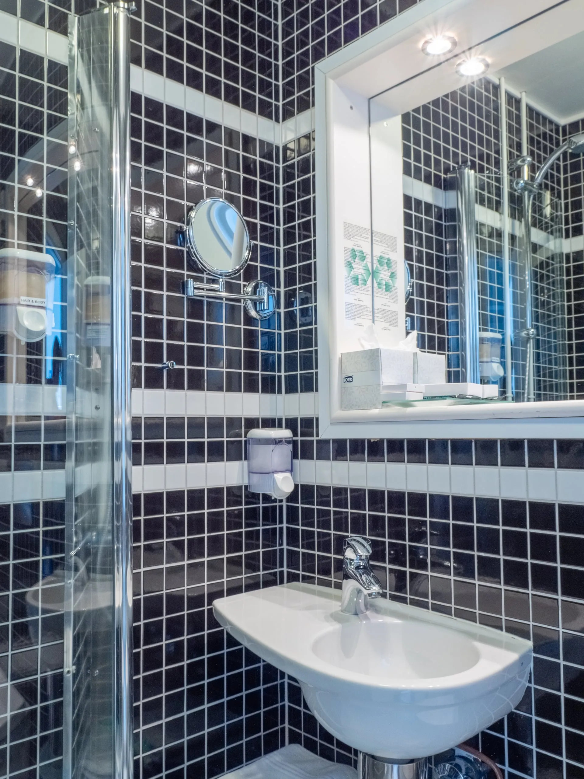 The bathroom of a single room, with a basin and mirror against black and white tiles.
